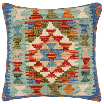 handmade Traditional Pillow Rust Blue Hand-Woven SQUARE 100% WOOL Hand woven turkish pillow2' x 2'